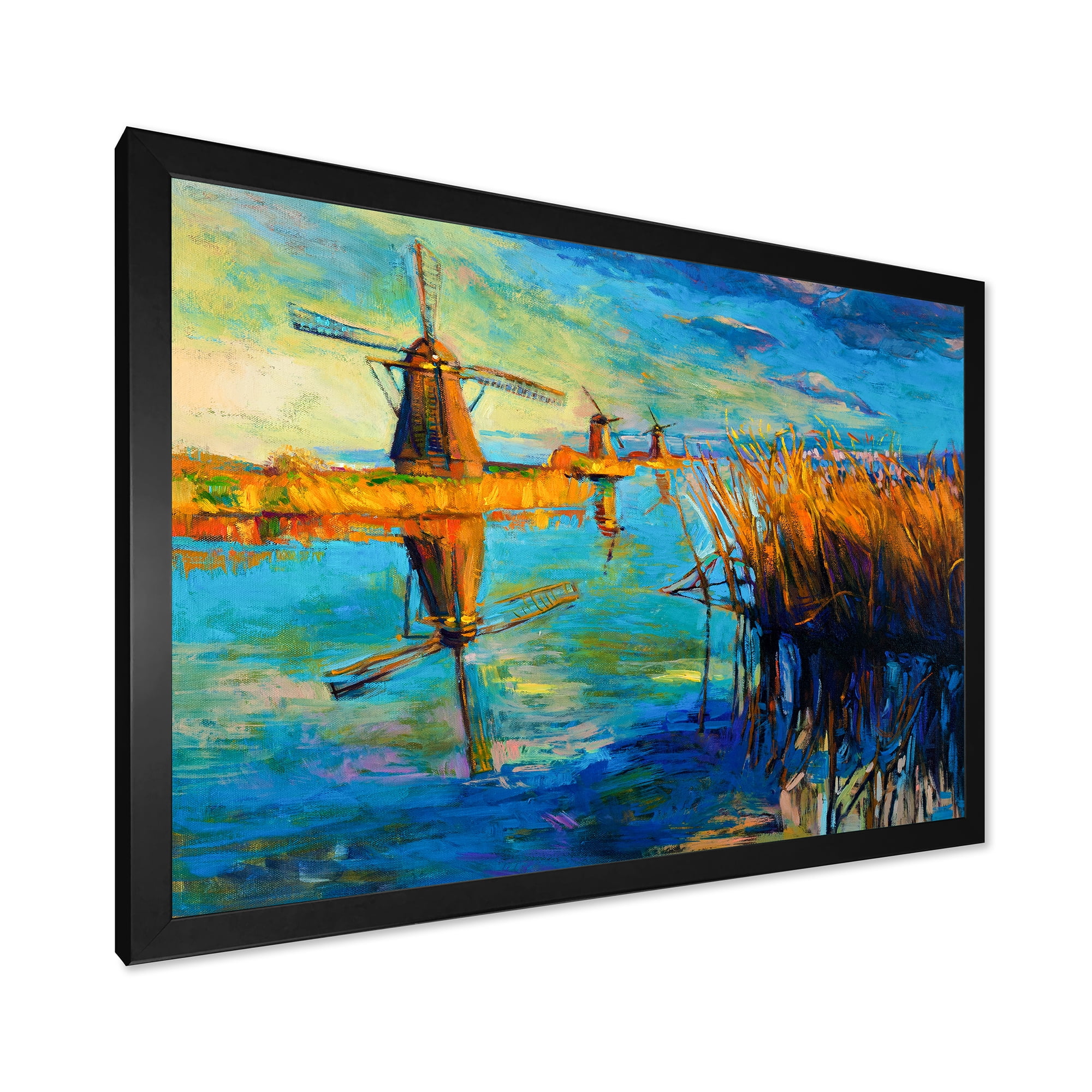 Designart 'The Deep Blue Lake And Windmills' Nautical & Coastal Framed Art Print