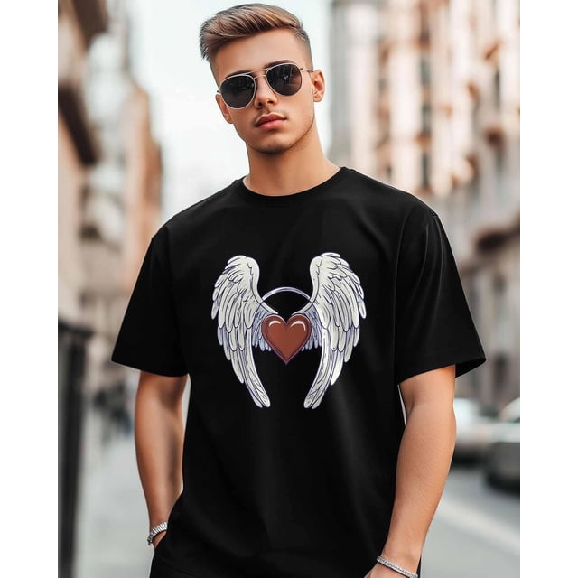 Camisetas de manga corta con corazón de alas de ángel para hombre, camisetas de cuello redondo
