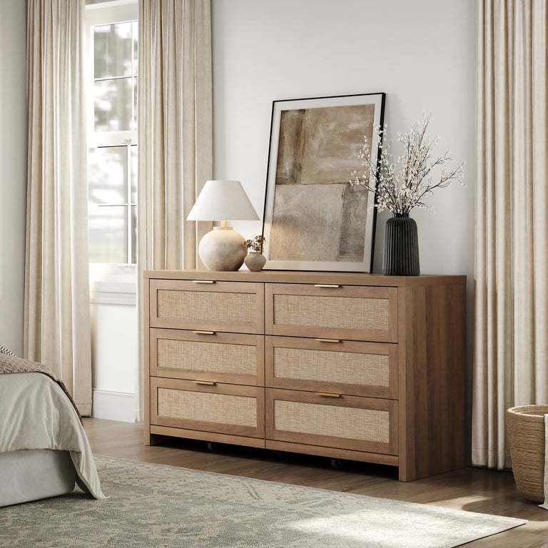 boho dresser 6 drawer SICOTAS 56.85" 6 Drawer Dresser,Rattan Dresser with Storage,Boho Dressers & Chests of Drawers Wooden Tall Dresser for Bedroom