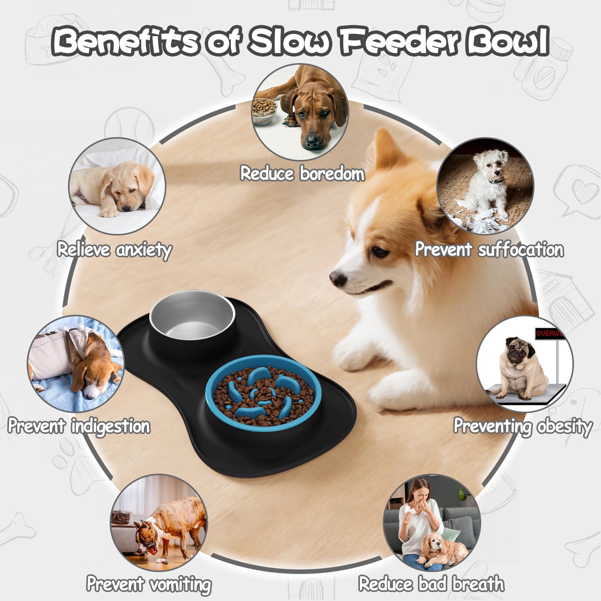 Slow Feeder Dog Bowl Set, 3 in 1 Stainless Steel Water Bowl with Non Spill Silicone Mat, Choking Pet Dishes for Small Medium Large Breed Dogs Cats, Easy to Clean, Space Saing Design, Black
