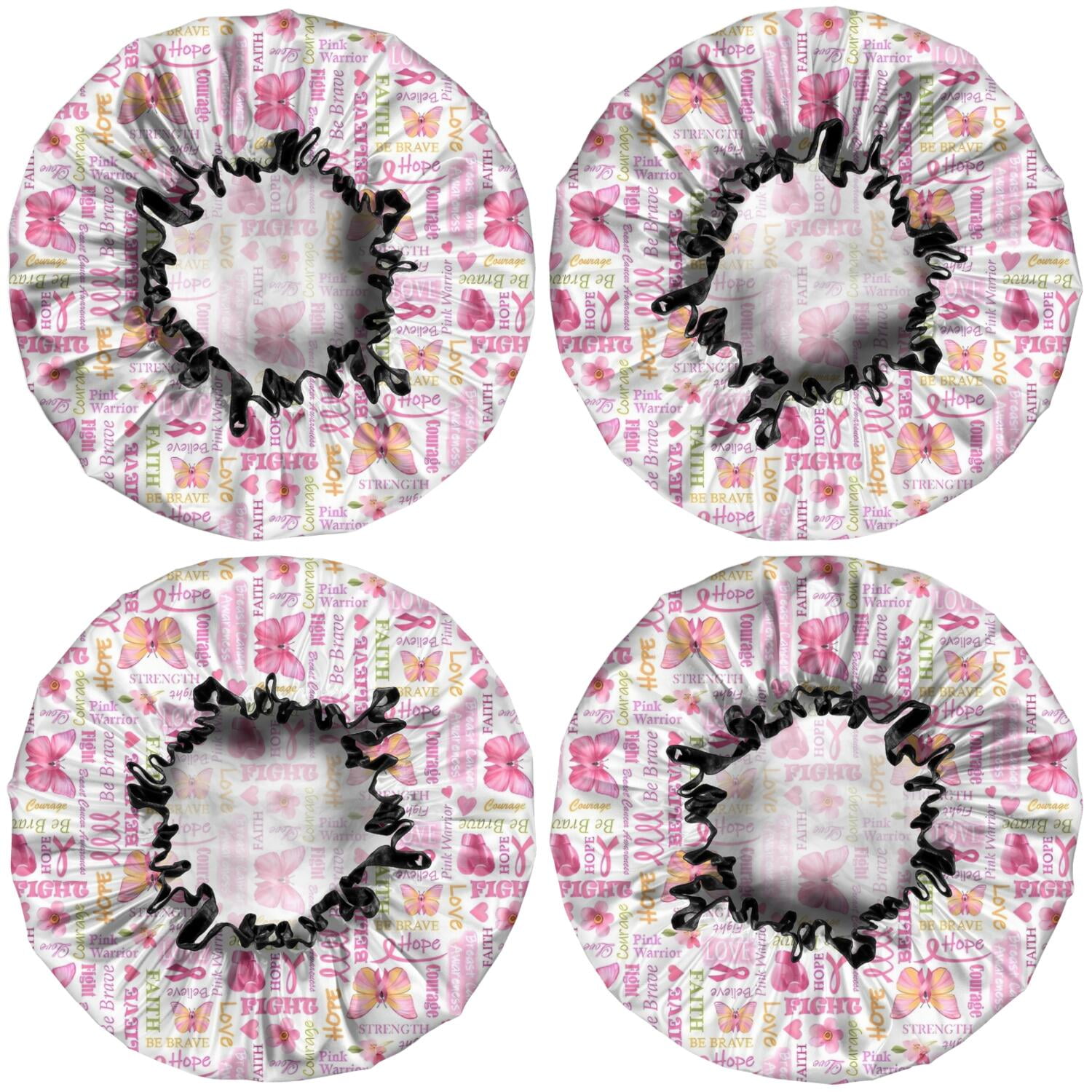 Shower Caps,Pink Butterfly Word Pattern Waterproof Shower Cap for Women 4 Pieces,Double Reusable Hair Cover for Shower PEVA Elastic Stretch Hem