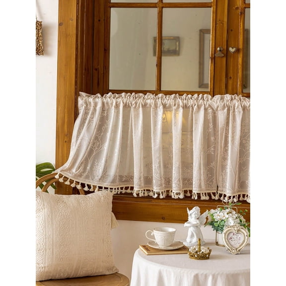 1pc Beige Plaid Small Curtain Panel, Cafe Curtain with Tassel Trim & Rod Pocket, for Kitchen, Living Room, Bedroom, Cabinet 100*45