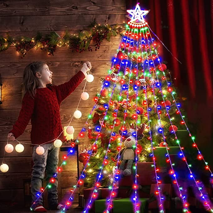 JIMACRO Lumière Exterieur Noel, 2M * 9 Branche Solaire Guirlande Lumineuse Arbre Noel Avec Étoile, 198 LEDs Étanches 8 Modes Guirlande Lumineuse Sapin De Noël Avec Minuterie Pour Jardin,Festival
