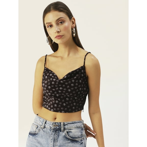 DressBerry Women's Printed Velvet Sleeveless Cropped Top High Waist Cowl Neck Casual Summer Wear Western Style Body Fit Short Top