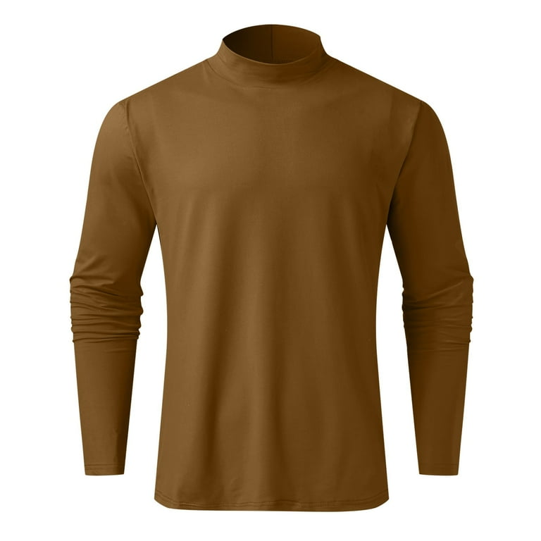 Ploknplq Men s Leisure Compression Shirt Brush Solid Relaxed Fit Hip Length Turtleneck Long Sleeve Pullover Style Brown XL