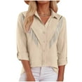thumbnail image 2 of TTUHYWXI Womens Rhinestone Fringe Button Down Shirt Rolled 3/4 Sleeve Sparkly Top Concert Nashville Western Cowgirl Outfit (Beige, S), 2 of 8