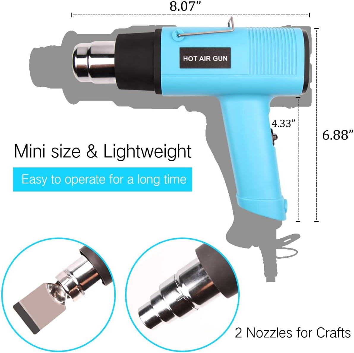 Heat Gun 1200W 140~932 (60-500) Heavy Duty Hot Air Gun Kit Variable Temperature Control with 2 Temperature Settings 2 Nozzles for Crafts, Shrink Wrapping, Candle Making, Epoxy Resin