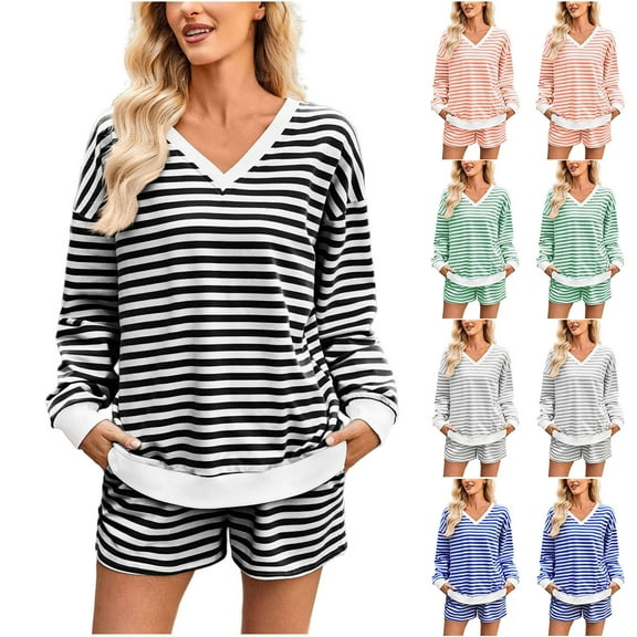 FRSASU Women 2 Piece Outfits Lounge Sets Striped Print Long Sleeve V Neck Sweatshirt and Elastic Waist Pocket Shorts Set Fall Sweatsuit Orange XL(XL)