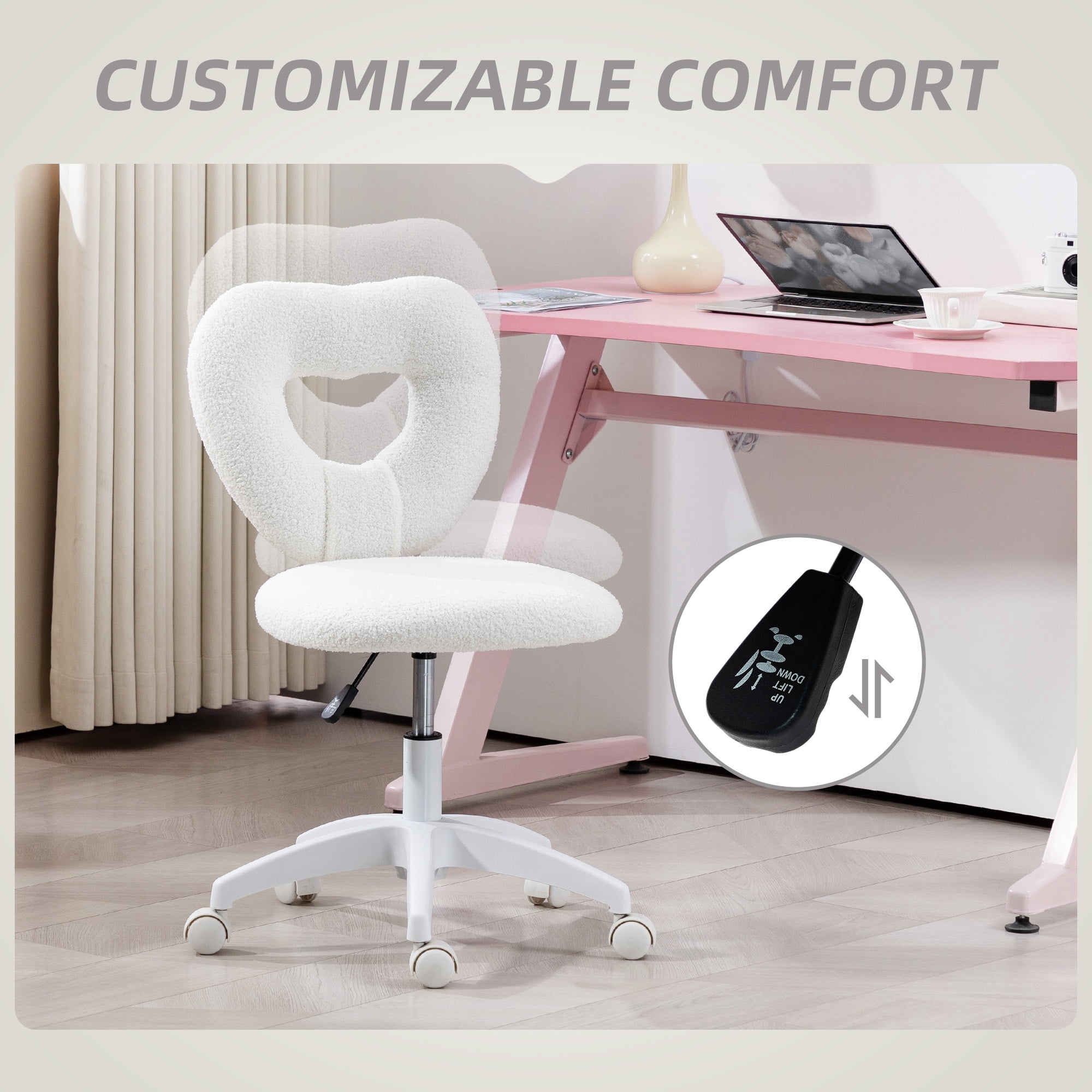 HOMCOM Armless Home Office Desk Chair, Heart Makeup Vanity Chair, White