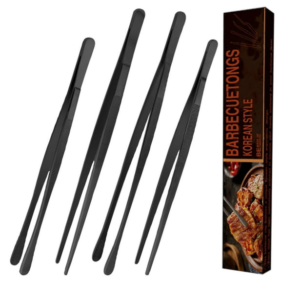 VEGCOO 4pcs Stainless Steel Kitchen Tongs Set - 10" & 12" Long Fine Tweezers Tongs (Flat & Curved Tip) - Precision Chef Plating, Grilling, Cooking, Salad & Serving Utensils - Non-Slip & Durable