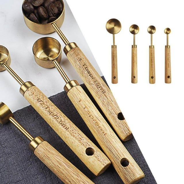 Stainless Steel Measuring Cups Spoons Set Wood Handle Kitchen Dining Handle Measuring Spoon