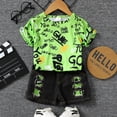 thumbnail image 3 of KIMI BEAR Toddler Boys Outfits 3T Toddler Boy Spring Summer Outfits 4T Toddler Boy Graffiti Prints Cozy Short Sleeve T-Shirt + Ripped Denim Shorts 2PCS Set Green, 3 of 8
