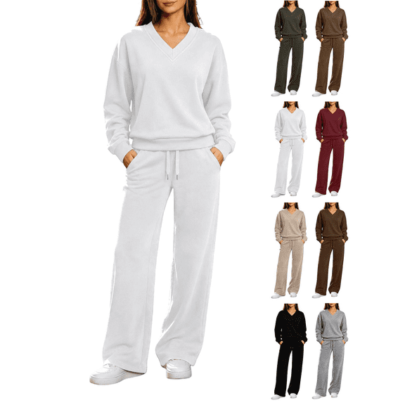Lounge Sets for Women 2 Piece Outfits V Neck Pullover Top Wide leg Pants Solid Color Casual Sweatsuit Travel Vacation Tracksuit
