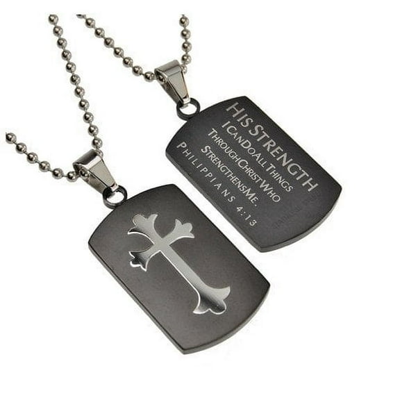 Philippians 4:13 Black Dog Tag Cross, Stainless Steel With Bead Chain
