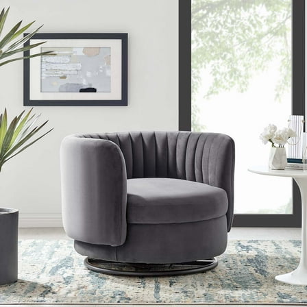 Modway Embrace Tufted Performance Velvet Swivel Chair in Black Gray