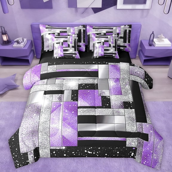 Manfei Female Men Geometric Plaid Rectangle Twin Bedding Sets 7-Piece,Abstract Gradient Bedding Comforter Set Microfiber,Bling Glitter Breathable Sheet Sets,Luxury Bedroom Decor,Reversible
