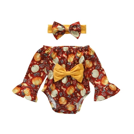 

Honeeladyy Sales Online Newborn Baby Girls Halloween Pumpkin Long Sleeve Off Shoulder Bowknot Jumpsuit