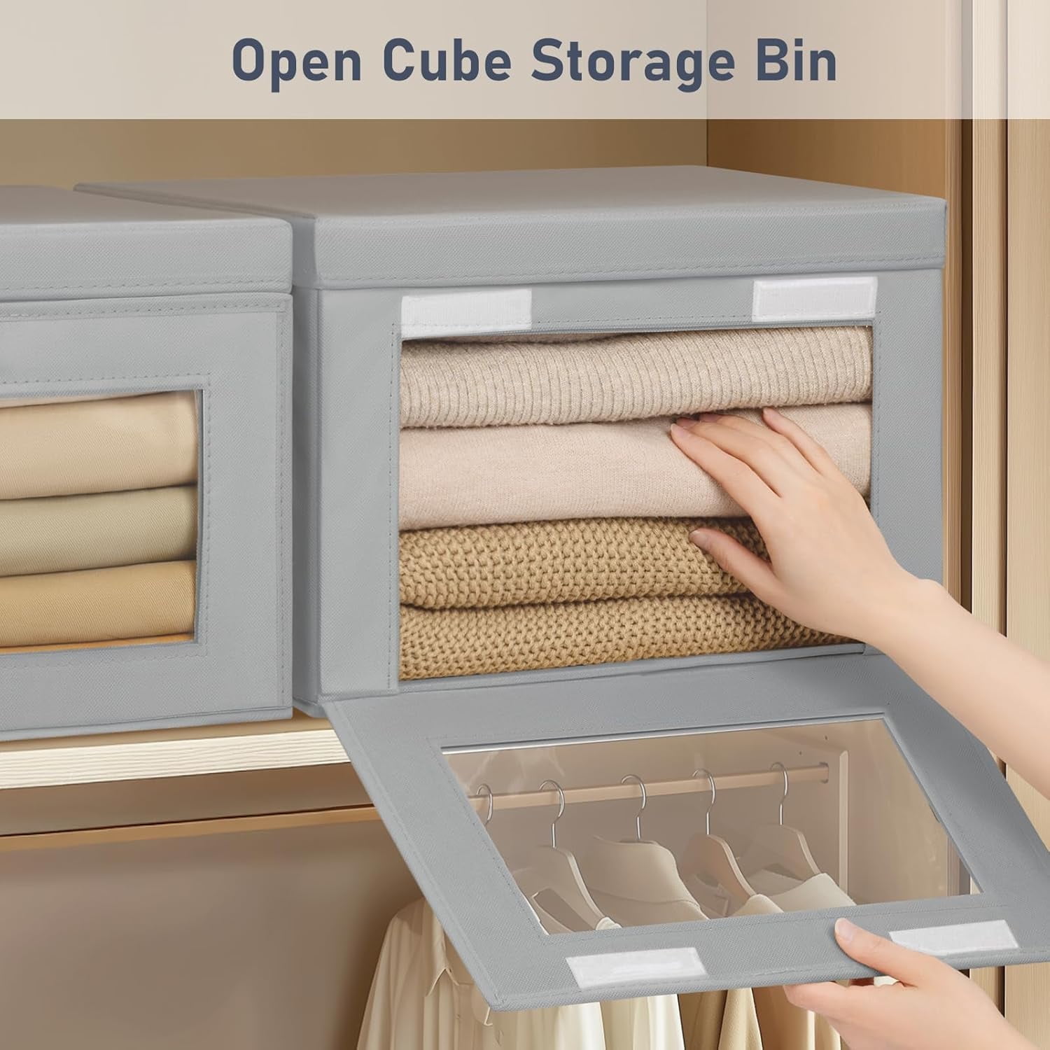 Closet Storage Organizer, 4 Pack Clothes Storage Bins with Handles & Window, Collapsible Fabric Containers, Gray