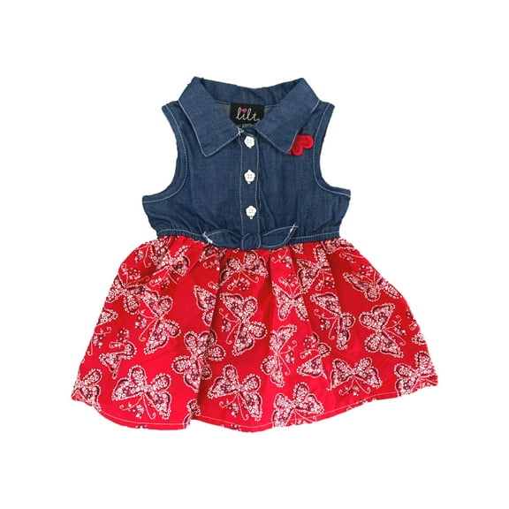 Infant & Baby Girls Red White & Blue Denim Butterfly Sleeveless Dress 6-9M
