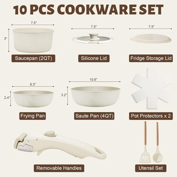 10-Piece Ceramic Cookware Set with Removable Handles, Non-Stick for Induction & Oven Use, Cream White