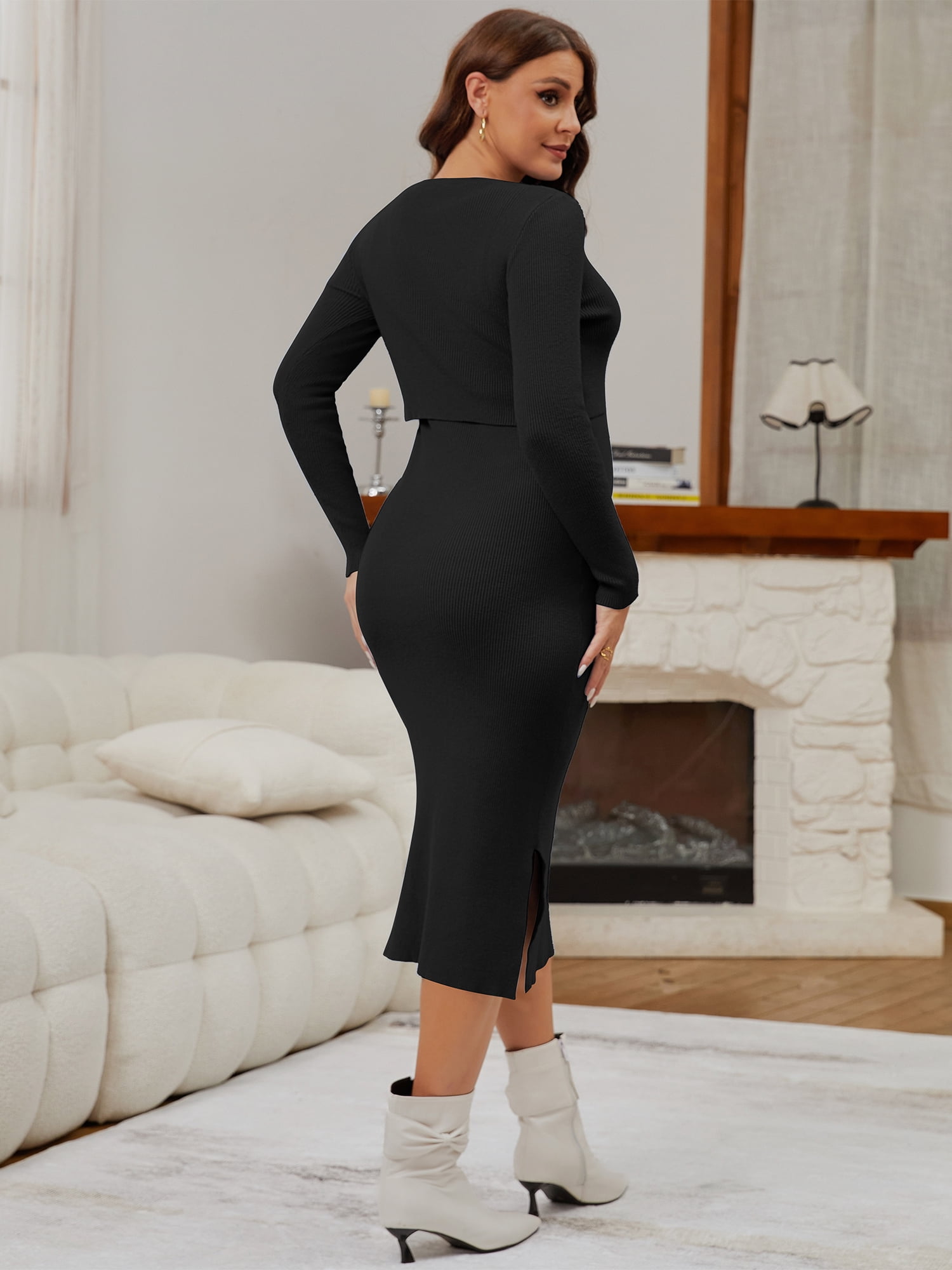 DARING DIVA Women's Maternity Sweater Ribbed Dress 2-Piece L Black