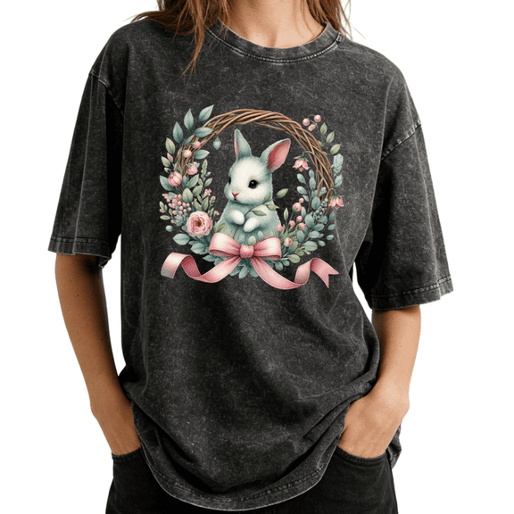 Easter Bunny Floral Wreath Pink Bow Wash Print Tshirt S-2XL Acid Washed Black Graphic Tees Casual Shirts for Easter Tops