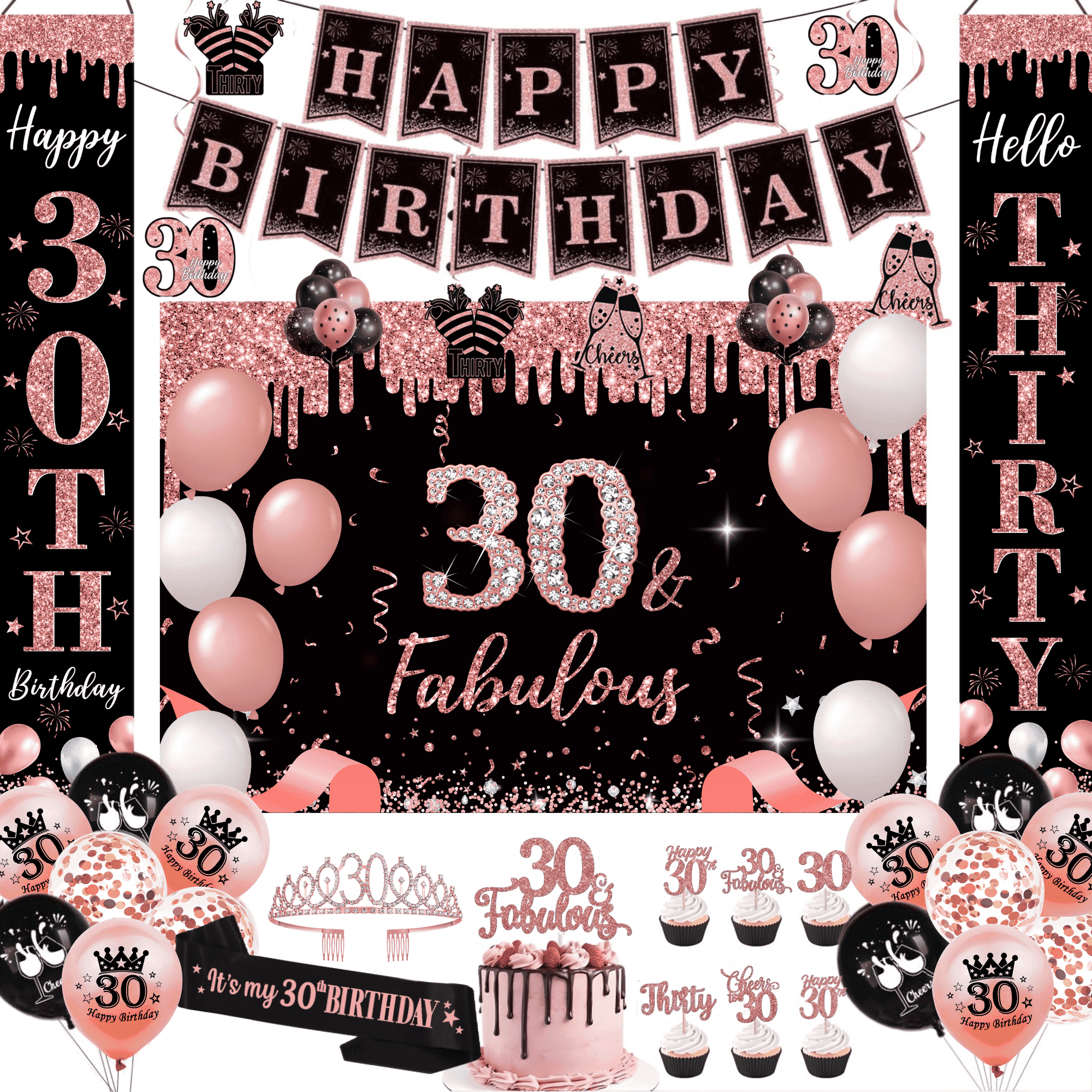 Happy Greetings 30th Birthday Party Kit, Rose Gold & Black, 45-Piece photo 1