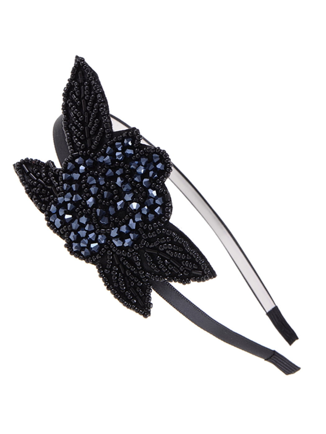 UK Blue Gunmetal Grey Beaded Floral Leaf Bunch Retro Flapper Hair Headband 