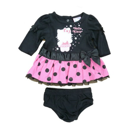 Hello Kitty Infant Girls Black & Pink Polka Dot Ruffled Lace Dress Outfit