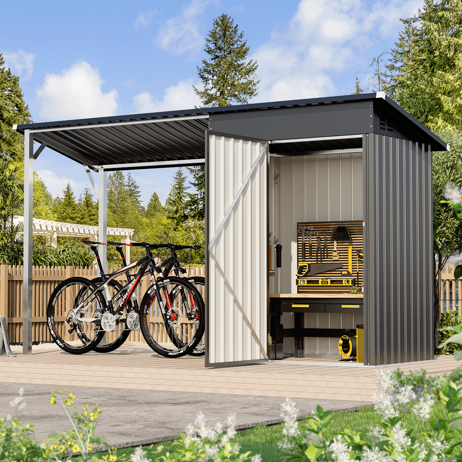 YODOLLA Outdoor Open-Sided Storage Shed, 3x5 Sheds & Outdoor Storage with 15 Sq. Ft Covered, 5x3 Small 2-in-1 Tool Shed with Attached Hardtop Metal Pergola Gazebo