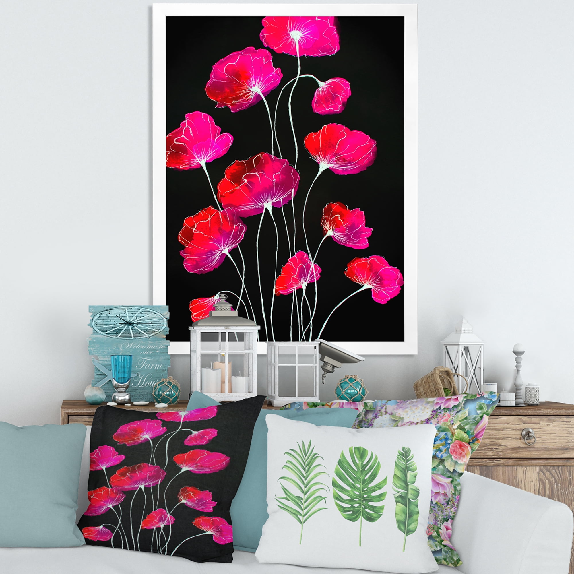 Designart 'Abstract Red Flower Detail On Black Background III' Traditional Framed Art Print
