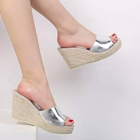 

ZHELIYO Women s sandals Fashion Style PU Leather Wedge Heels Women Slippers Platform Open Toe Summer Fashion Lady Espadrille Sandals Female Mules Silver 7.50