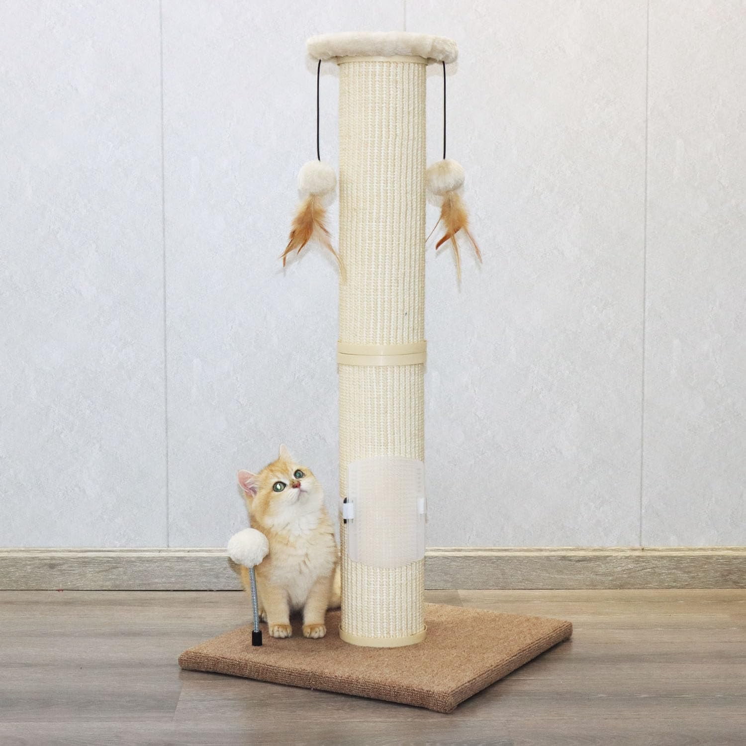 Cat Scratching Post,34" Tall Large Sisal Woven Scratch Posts for Cats,with Hanging Ball Toy and Self-Massage Brush,Vertical Scratcher,5 Inches Diameter,Beige