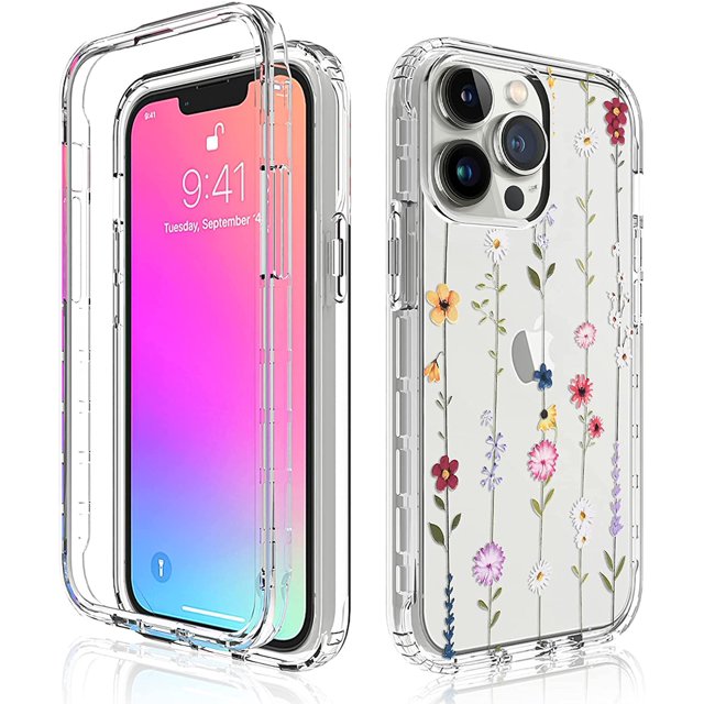 Compatible avec iPhone 13 Pro Max Étui (6.7 Pouces) Motif Fleur Clair Couverture Complète PC Dur + Silicone TPU 2 en 1 Étui Résistant aux Rayures pour Femmes Filles - Fleurs Sauvages