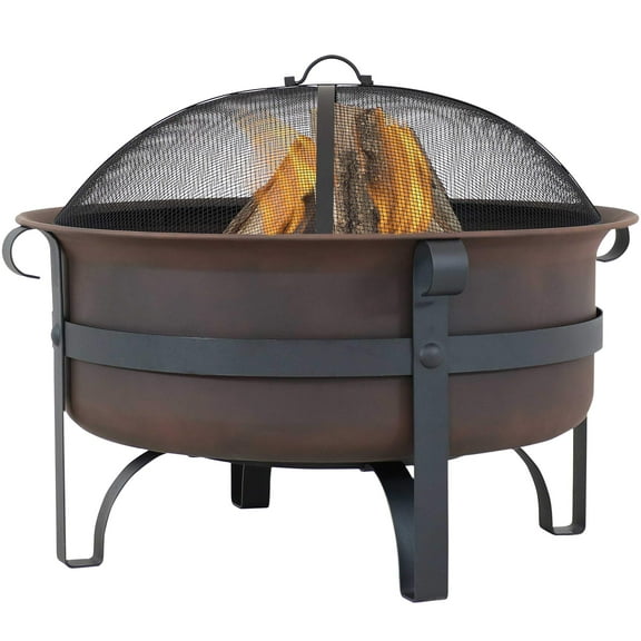 29 Inch Heavy Duty Steel Wood Fire Pit for Outdoor Use, Bronze Cauldron with Spark Screen and Poker, Brown