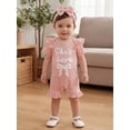 thumbnail image 4 of BemeyourBBs She‘s Here Baby Girls Spring Summer Fall Clothes Newborn Baby Girl Hospital Going Home Outfit Waffled Romper Bow Letter Print Ruffle Short Sleeve One Piece Jumpsuit with Headband, 4 of 9