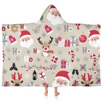 Beige Christmas Santa and Reindeer Pattern Hooded Bath Towel，60"x35" for Ages 3 To 12 Kids, Quick Dry Lightweight Soft Microfiber Hood Beach Towel Cover Up for Kids