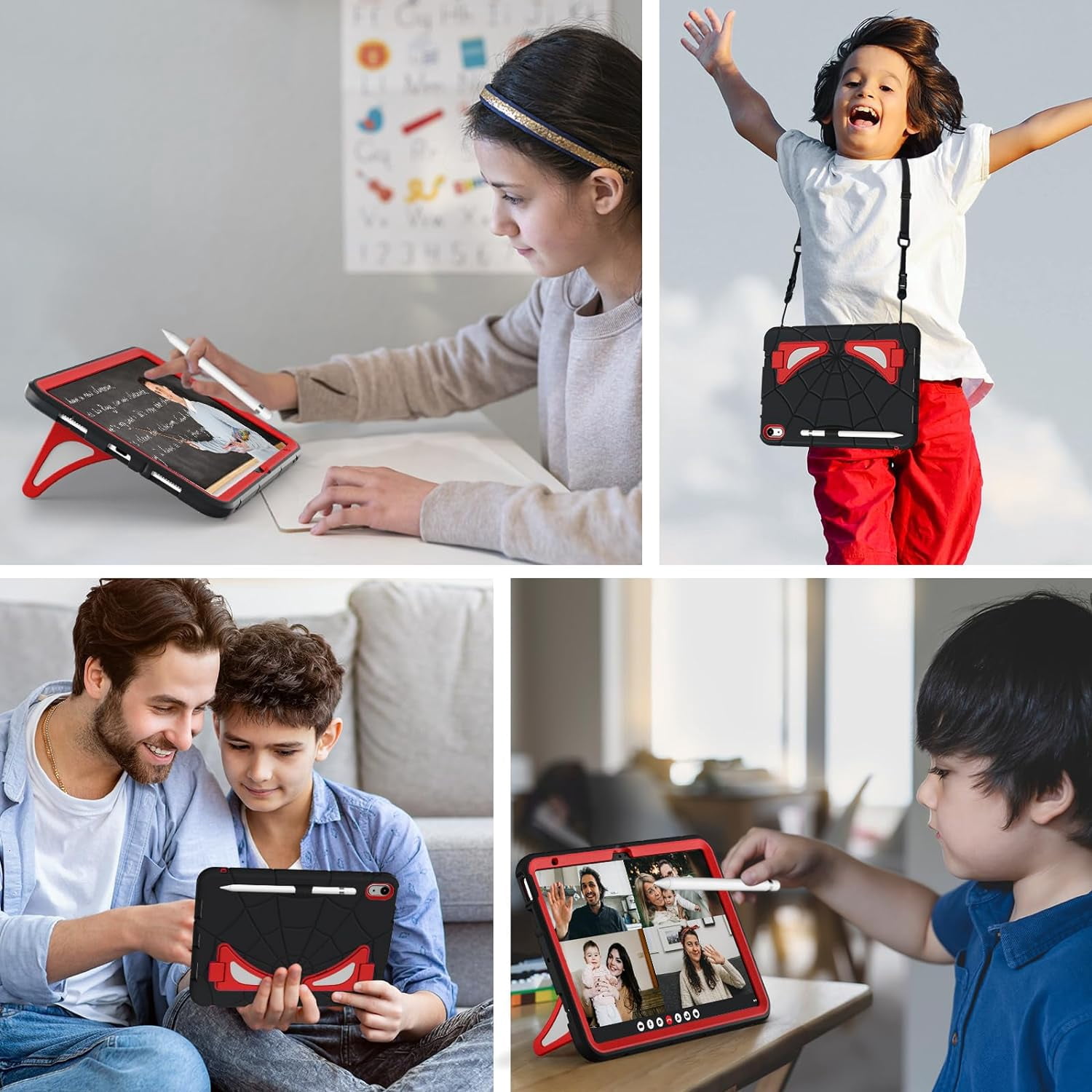 REQO iPad 10th Generation Case 2022, Kids Friendly iPad 10.9 Case with Kickstand Shoulder Strap Pencil Holder, Heavy Duty Protective Case for iPad 10th Generation 2022 Release, Black Scarlet