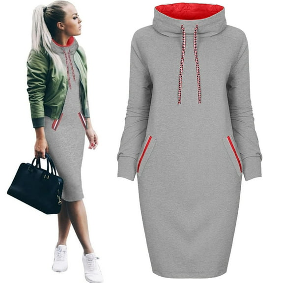 Womens Dresses Spring 2025 Casual Long Sleeve Drawstring Pleated Hoodies SweaT Shirt Mini Dress Gray XXXL