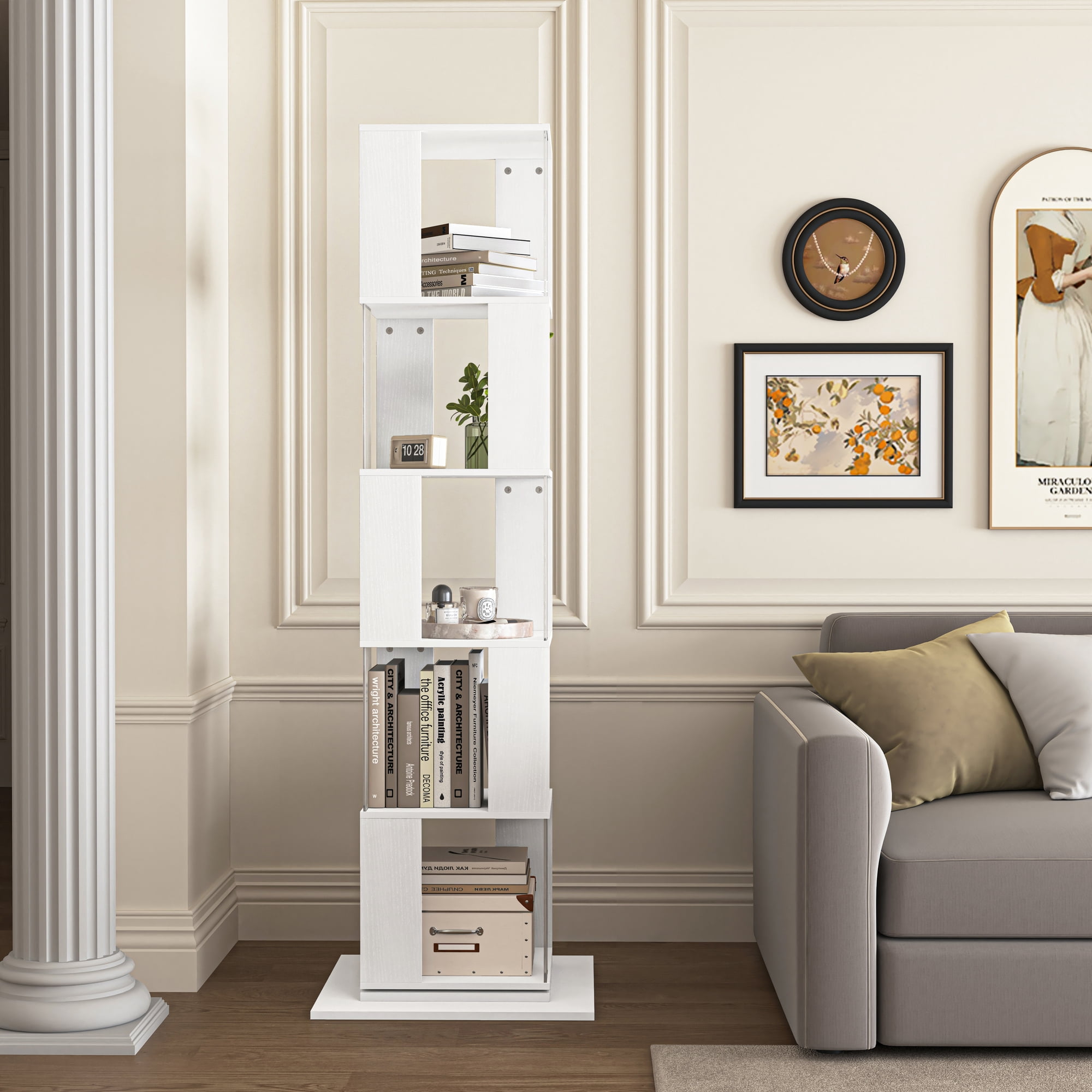 Noble House 5-Tier Rotating Bookshelf with Acrylic Panels, Anti-Toppling Base, White