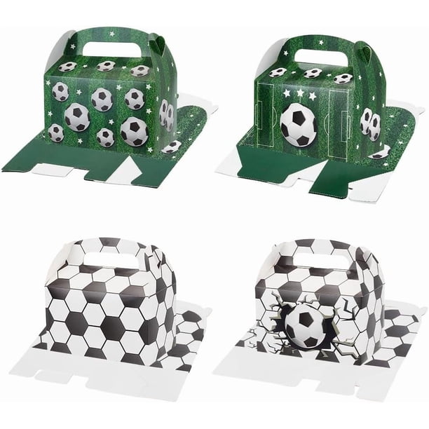 12 cajas de cartón para fiestas de fútbol, 4 estilos, portátiles, de papel, color verde y blanco, con asas.
