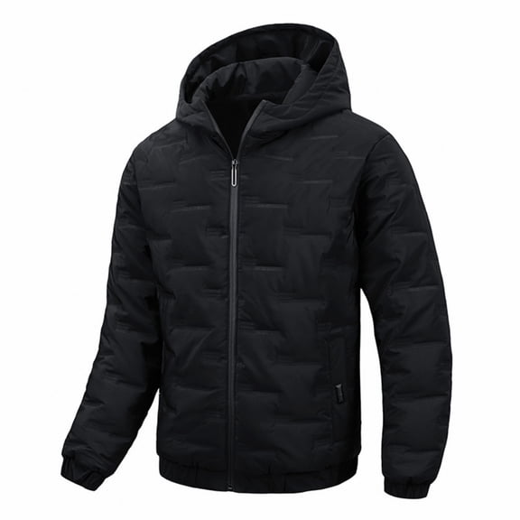 Wutalume Men's Casual Solid Color Embossed Textured Thick Cotton Jacket, Men's Cotton-Padded Warm Hooded Long-Sleeved Coat, Durable and Fashionable for Cold Weather Wear,Black L