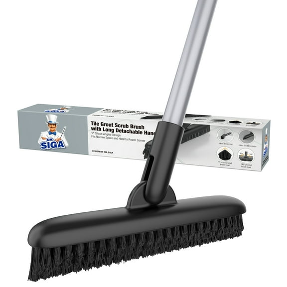 MR.Siga Heavy Duty Grout Scrub Brush with Long Handle, Shower Floor Scrubber for Cleaning,Black