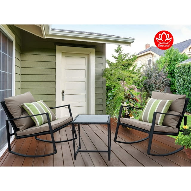 Moana Outdoor 3-piece Rocking Wicker Bistro Set, Two Chairs and One Glass Coffee Table, Black Wicker Furniture(Taupe Cushion + Lime Stripe Pillow)