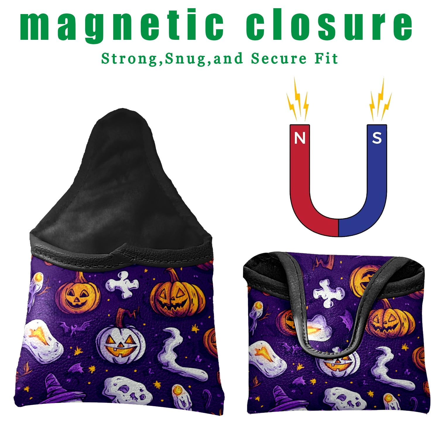 Golf Mallet Putter Cover Premium Leather Waterproof Golf Putter Head Cover with Magnetic Closure Halloween Cartoon Style