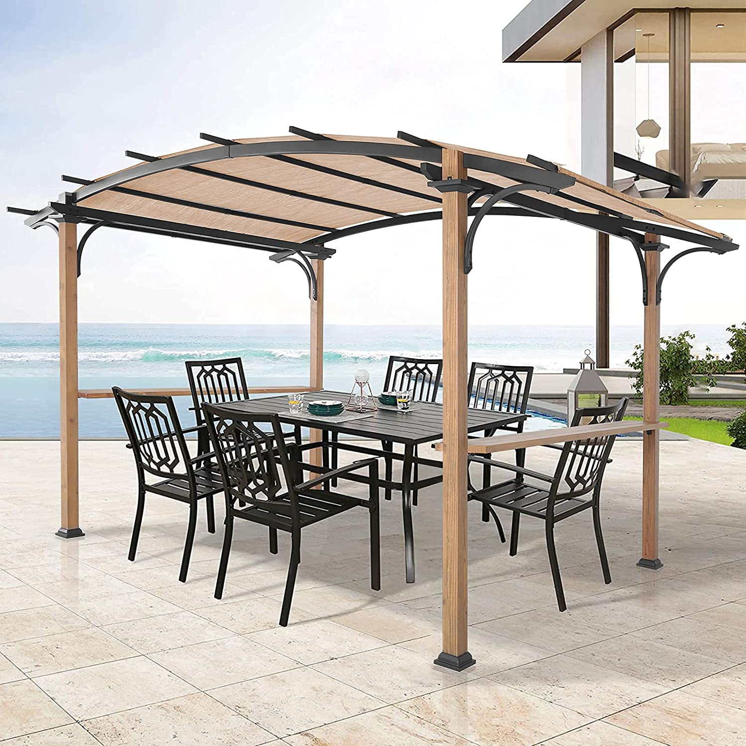 Yoleny Patio Pergola 8 5 Ft X 13 Steel Frame Arched Outdoor With Canopy Shades Wood Color Com - Outdoor Pergola Patio Canopy