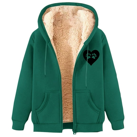 Hueook Women's Coats Women's Fashionable Printed Fleece Hooded Sweatshirt Jacket Army Green L