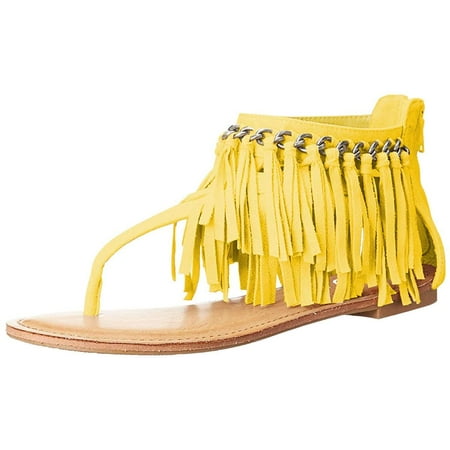 YDN Women Fashion Round Open Toe Flip Flop Sandals Suede Tassels Metal Chain Back Zipper Thong Flats Casual Summer Daily Shoes Size 6 Yellow