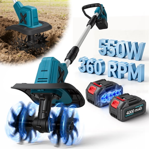 RELOIVE Cordless Electric Garden Tiller Cultivator, 21V 550W Brushless Motor, 2 x 4.0Ah Battery & Charger Included, 4 Steel Blades, 7.9in Tilling Width, Lightweight Soil Digger for Raised Beds, Weedi