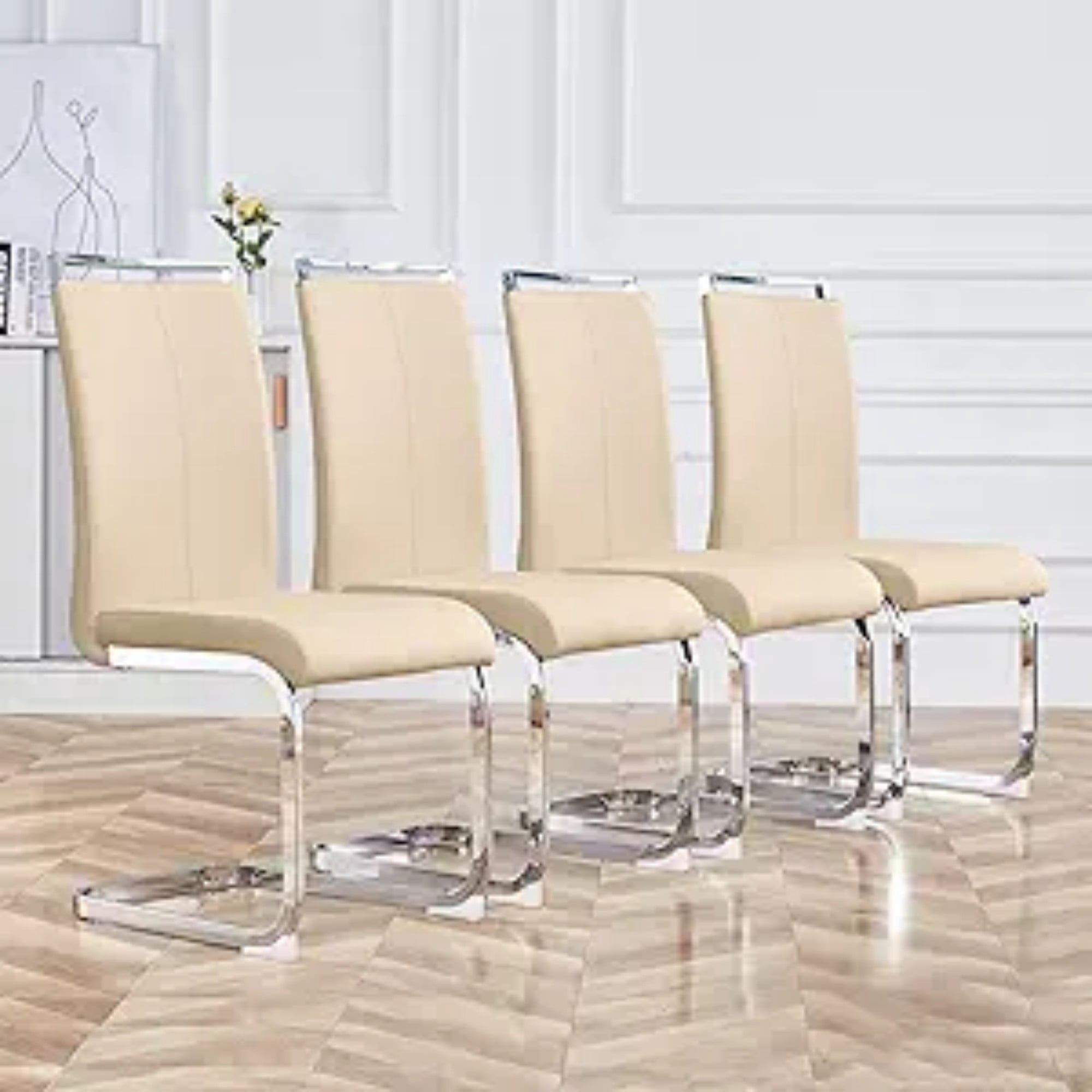 Sudica Dining Chairs Set of 4, Modern Beige PU Leather, High Back, Silver Metal Legs for Kitchen & Dining Room